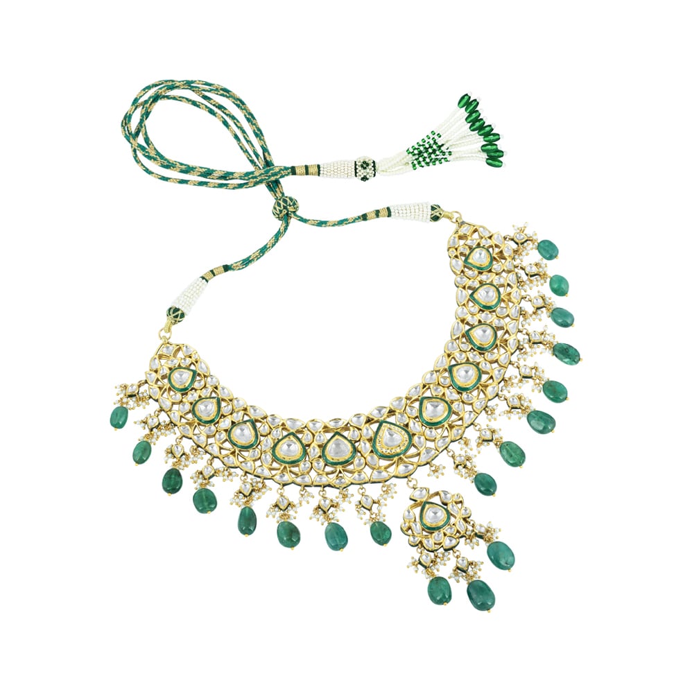 Polki Necklace with Green Enamel and Emerald Maniyas Beads